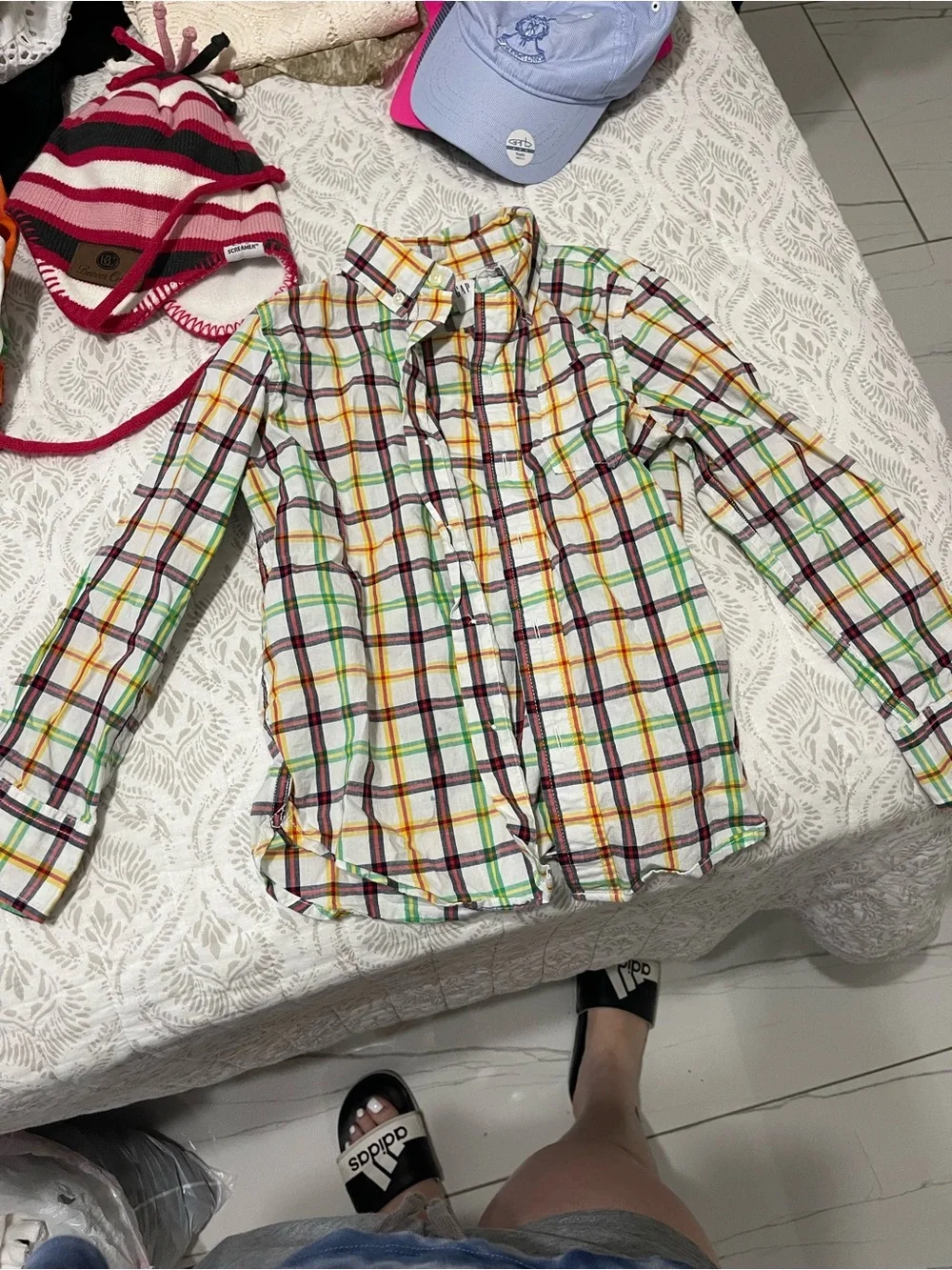 GAP Kids White Plaid Button-Down Shirt with Yellow, Green, Red and Black Stripes
